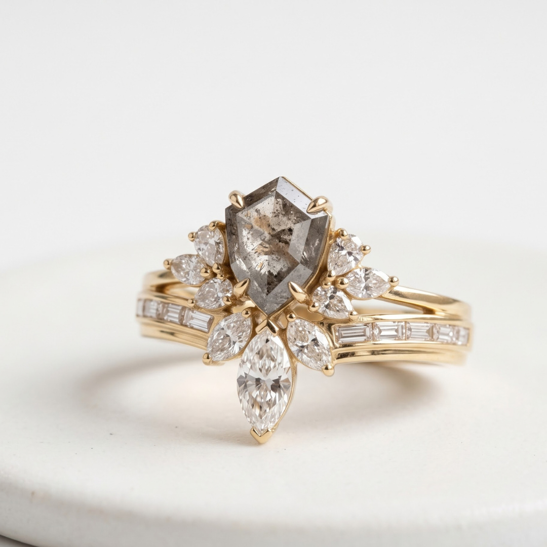 Shield Cut Salt and Pepper Diamond Wedding Ring