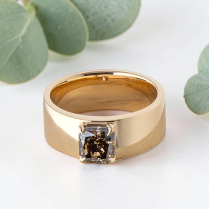 Hand-Carved Salt & Pepper Diamond Ring – Wide Gold Band, Organic Statement Jewelry