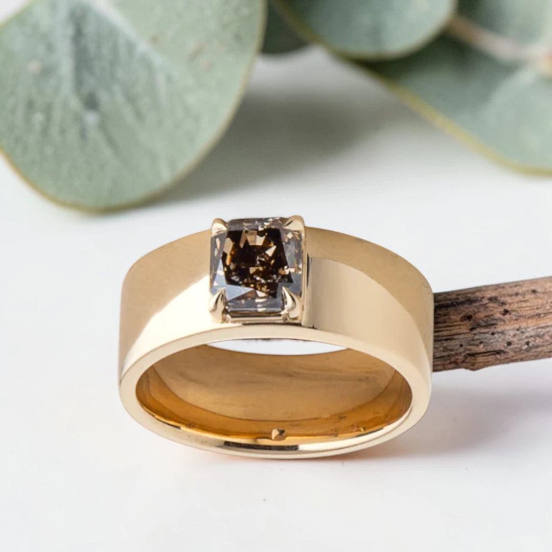 Hand-Carved Salt & Pepper Diamond Ring – Wide Gold Band, Organic Statement Jewelry