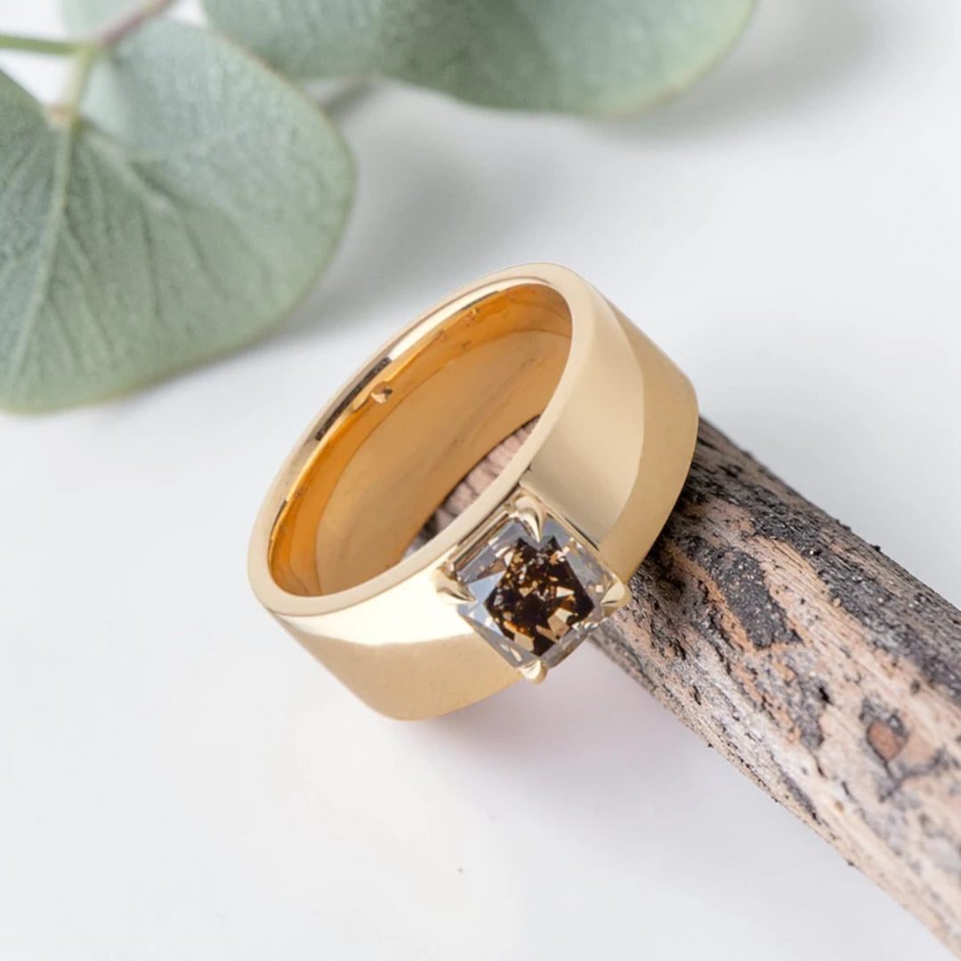 Hand-Carved Salt & Pepper Diamond Ring – Wide Gold Band, Organic Statement Jewelry