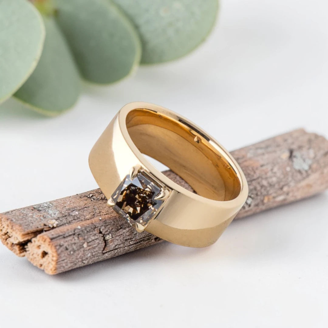 Hand-Carved Salt & Pepper Diamond Ring – Wide Gold Band, Organic Statement Jewelry