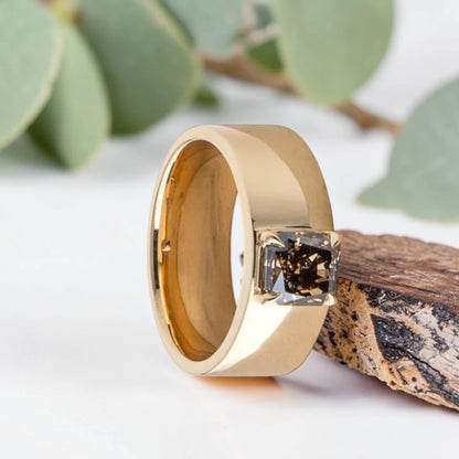 Hand-Carved Salt & Pepper Diamond Ring – Wide Gold Band, Organic Statement Jewelry
