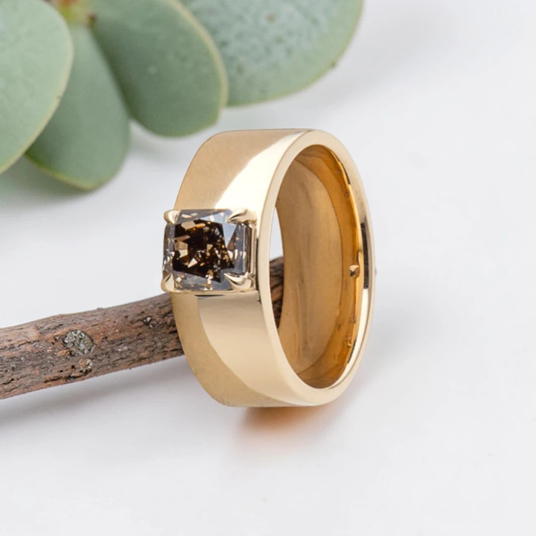 Hand-Carved Salt & Pepper Diamond Ring – Wide Gold Band, Organic Statement Jewelry