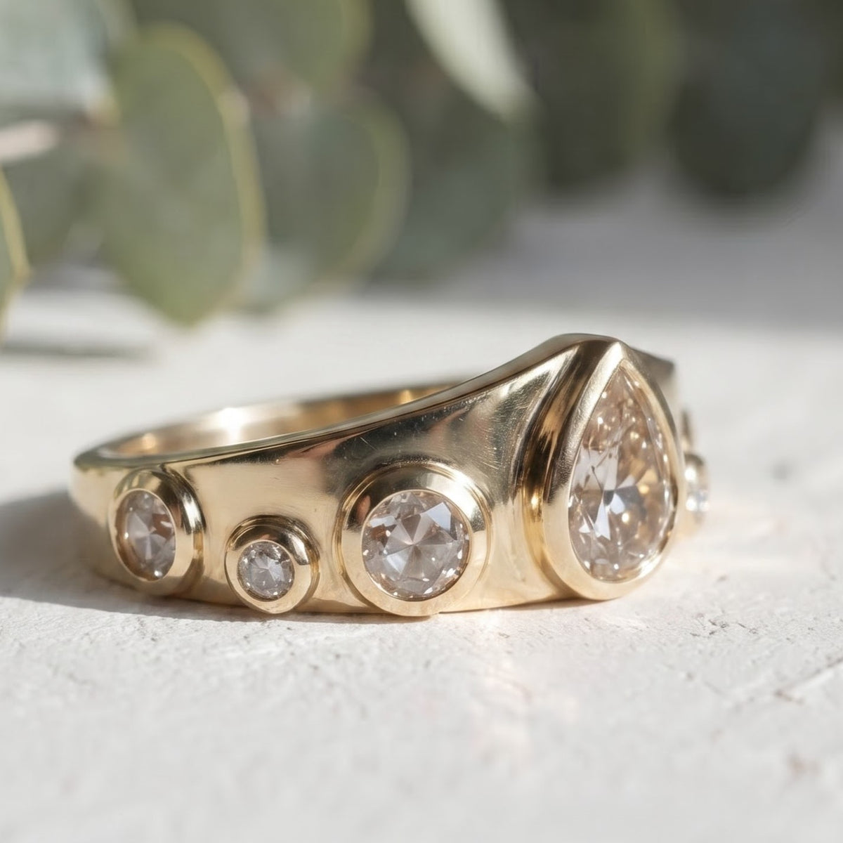 Pear Cut Salt and Pepper Diamond Bezel Ring