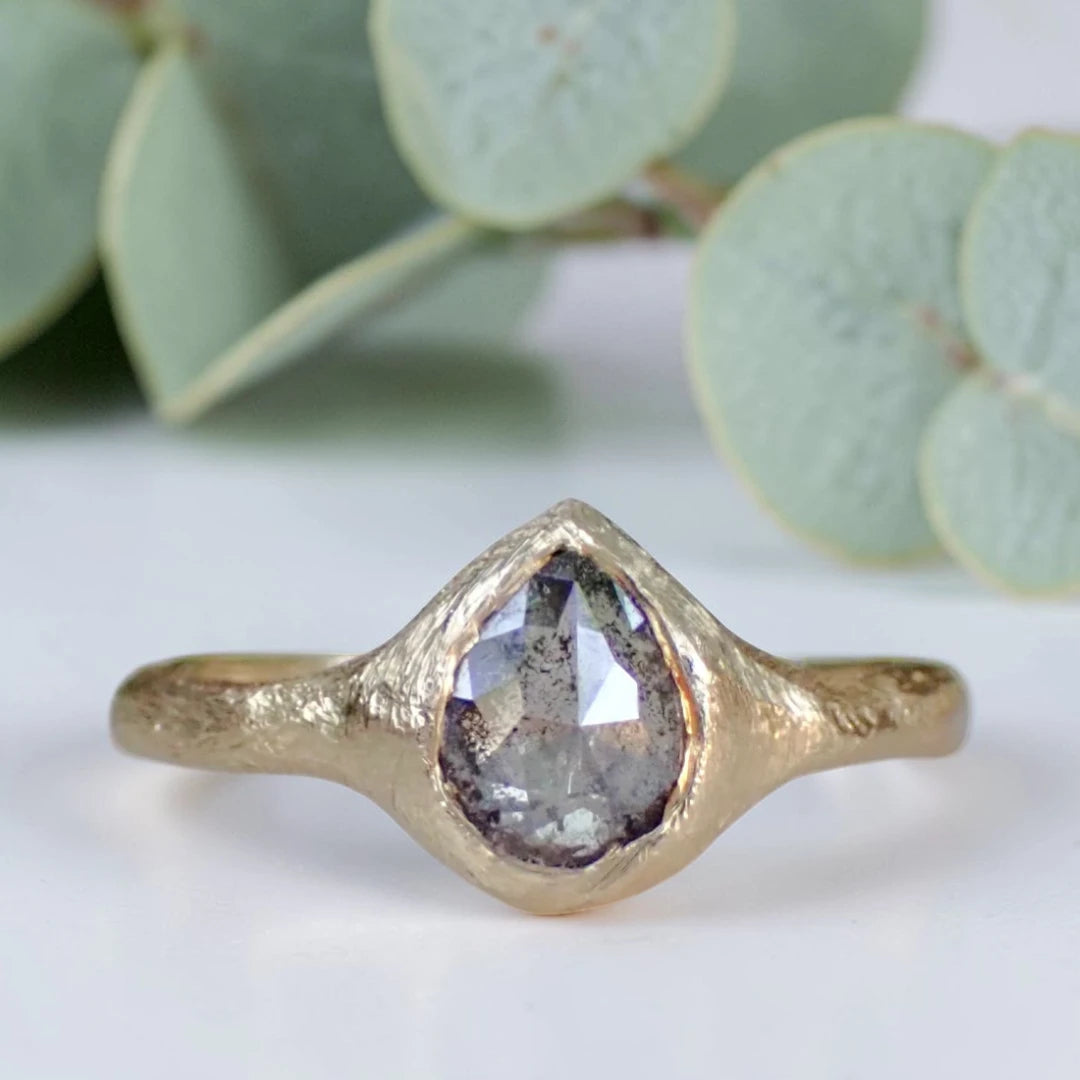 Pear Salt and Pepper Diamond Ring with a Rustic Hand Carved Band