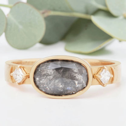 Oval Salt & Pepper Diamond Moon Ring – Bezel Prong Set, Modern Vintage Engagement Ring