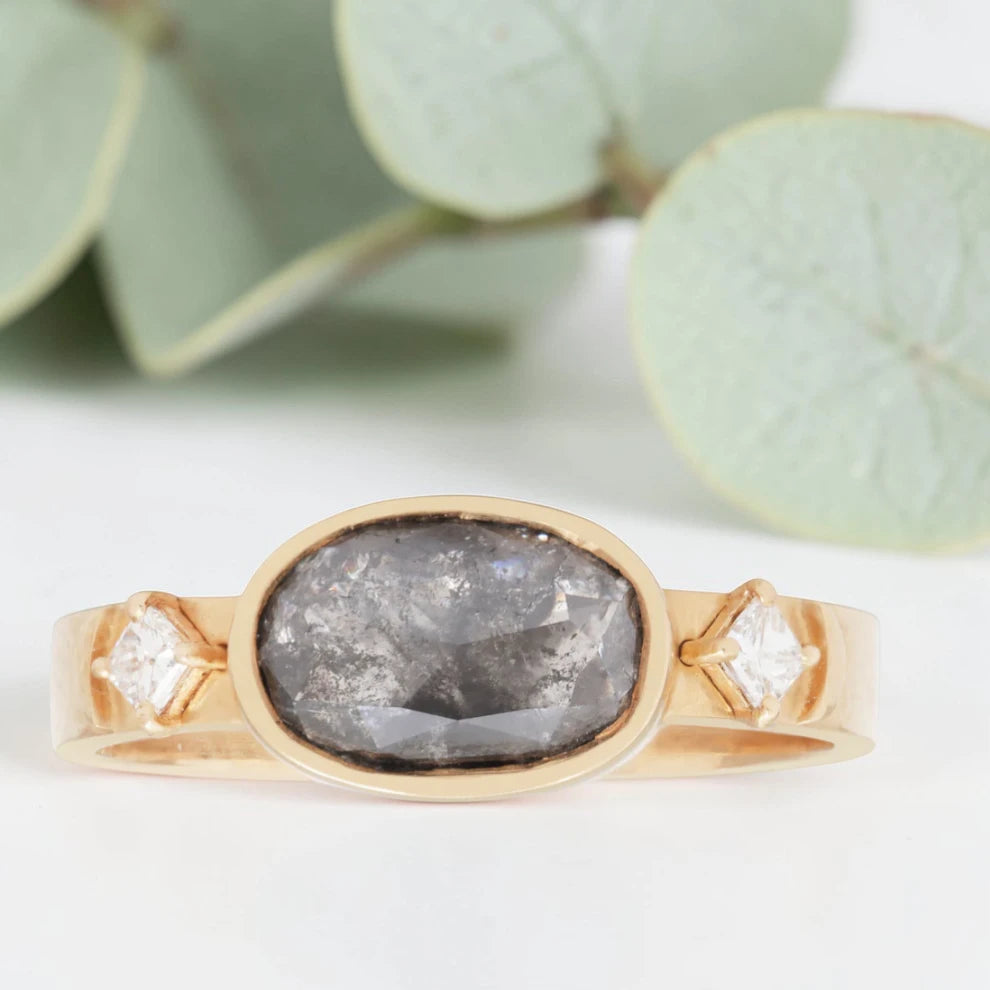 Oval Salt & Pepper Diamond Moon Ring – Bezel Prong Set, Modern Vintage Engagement Ring