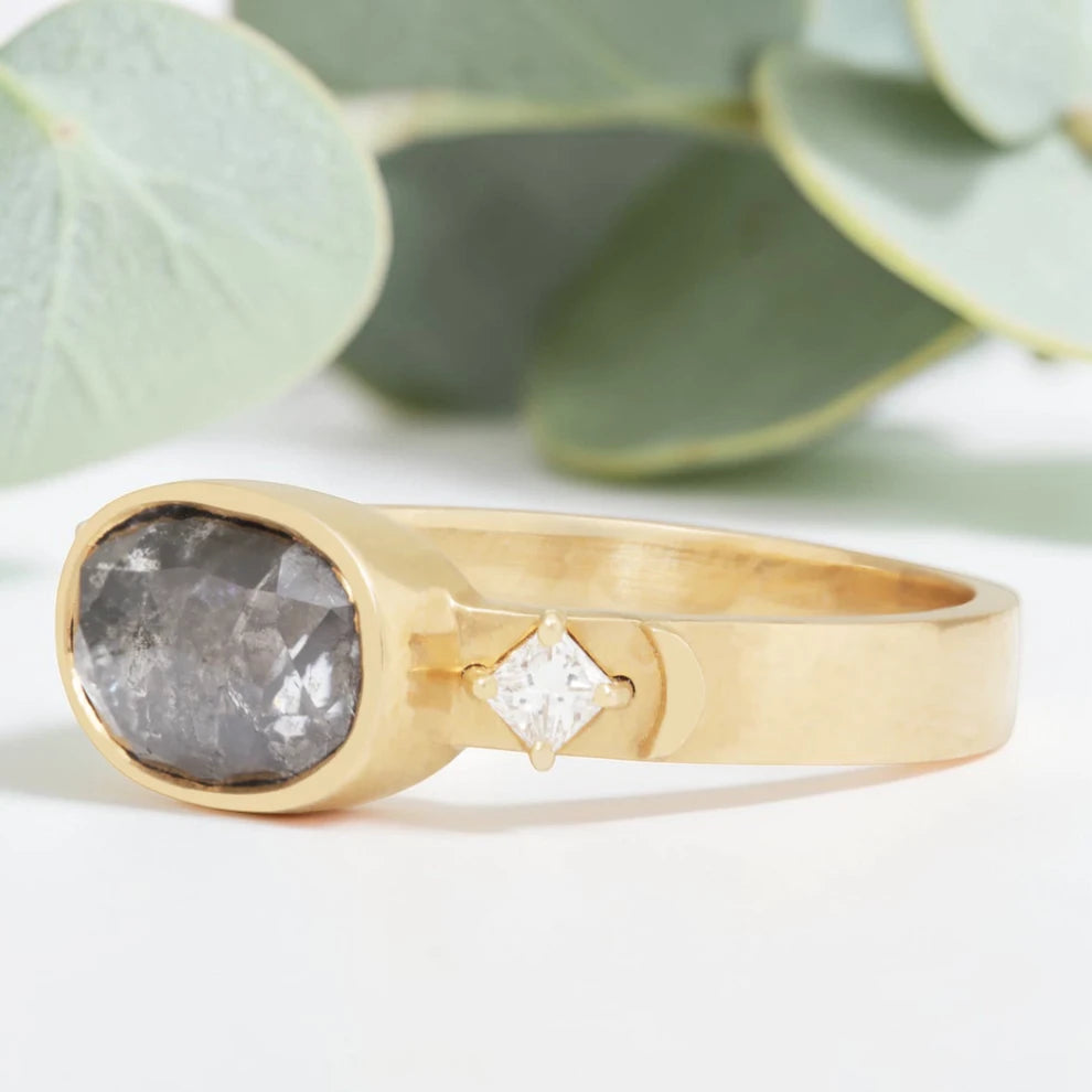 Oval Salt & Pepper Diamond Moon Ring – Bezel Prong Set, Modern Vintage Engagement Ring
