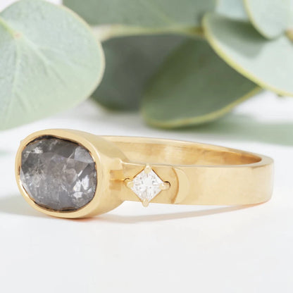 Oval Salt & Pepper Diamond Moon Ring – Bezel Prong Set, Modern Vintage Engagement Ring