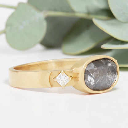 Oval Salt & Pepper Diamond Moon Ring – Bezel Prong Set, Modern Vintage Engagement Ring