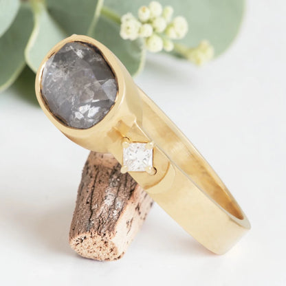 Oval Salt & Pepper Diamond Moon Ring – Bezel Prong Set, Modern Vintage Engagement Ring