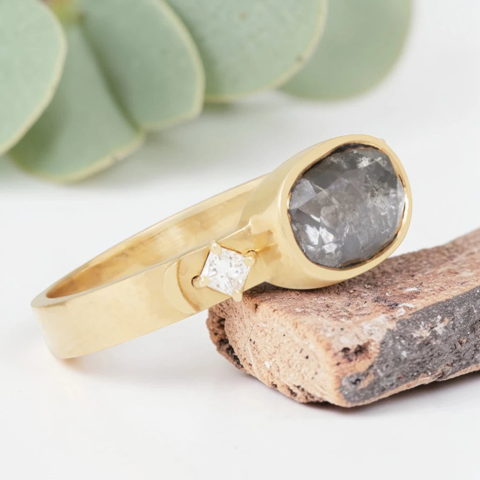 Oval Salt & Pepper Diamond Moon Ring – Bezel Prong Set, Modern Vintage Engagement Ring