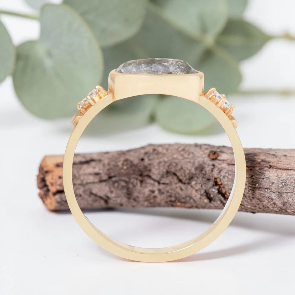 Oval Salt & Pepper Diamond Moon Ring – Bezel Prong Set, Modern Vintage Engagement Ring
