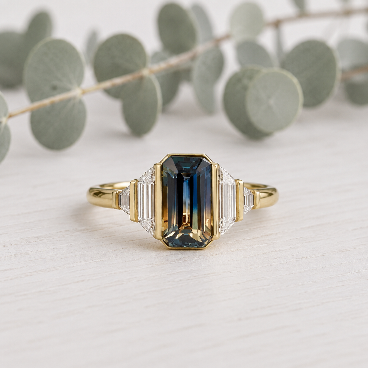 Emerald Cut Sapphire Diamond Ring Unique Engagement Ring