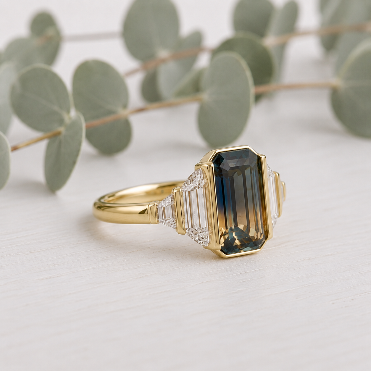 Emerald Cut Sapphire Diamond Ring Unique Engagement Ring