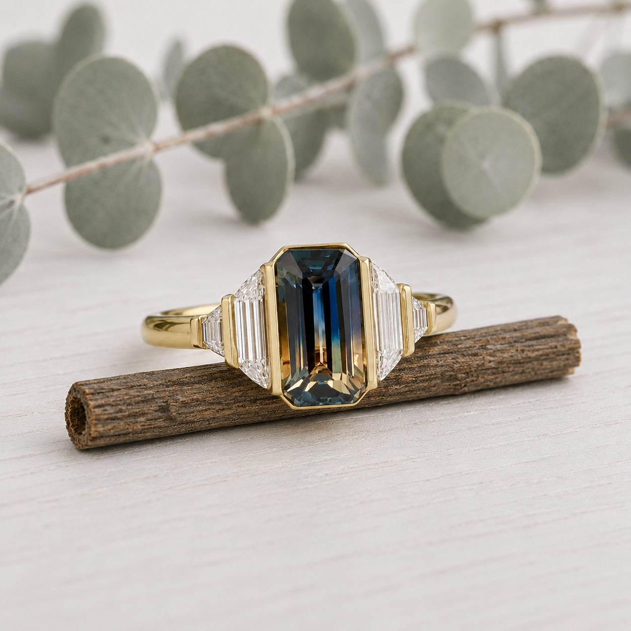 Emerald Cut Sapphire Diamond Ring Unique Engagement Ring