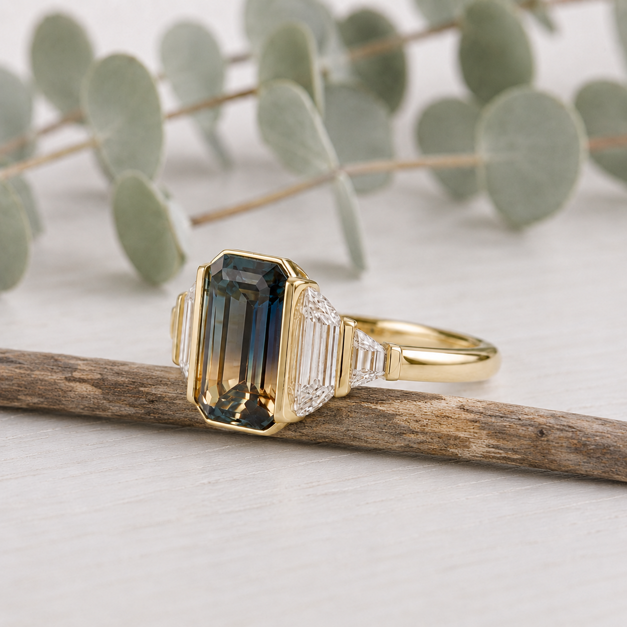 Emerald Cut Sapphire Diamond Ring Unique Engagement Ring