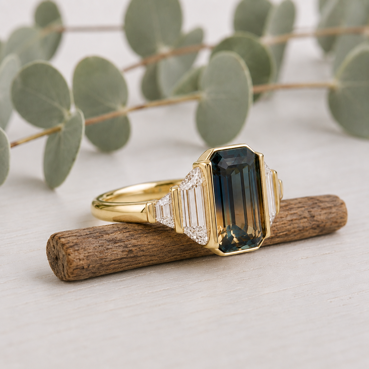 Emerald Cut Sapphire Diamond Ring Unique Engagement Ring
