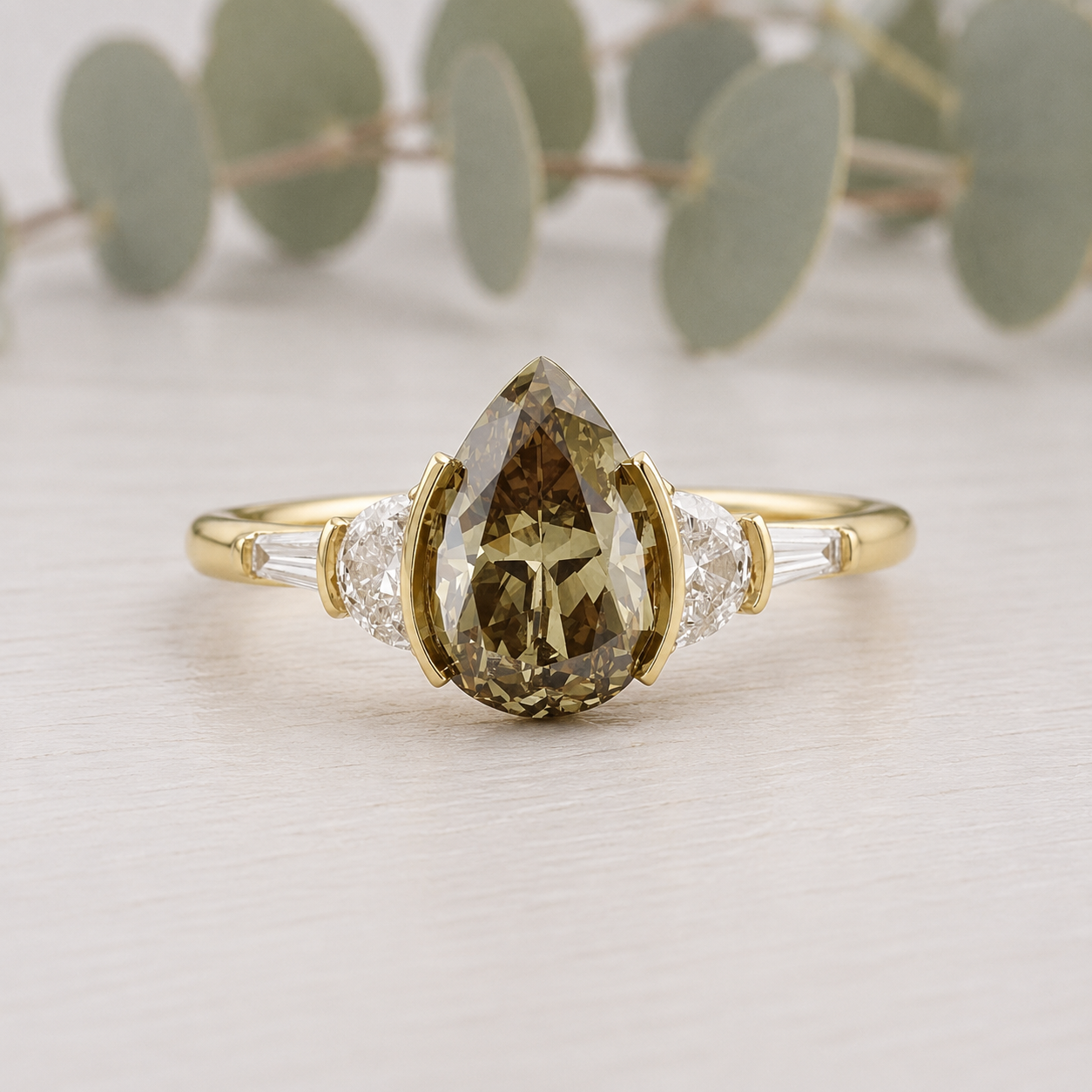 Pear Cut Fancy Color Diamond Ring with Natural Brown Yellow Tones