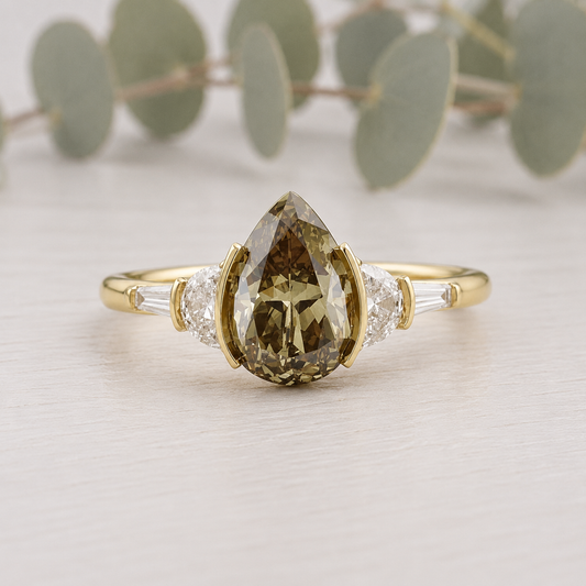 Pear Cut Fancy Color Diamond Ring with Natural Brown Yellow Tones