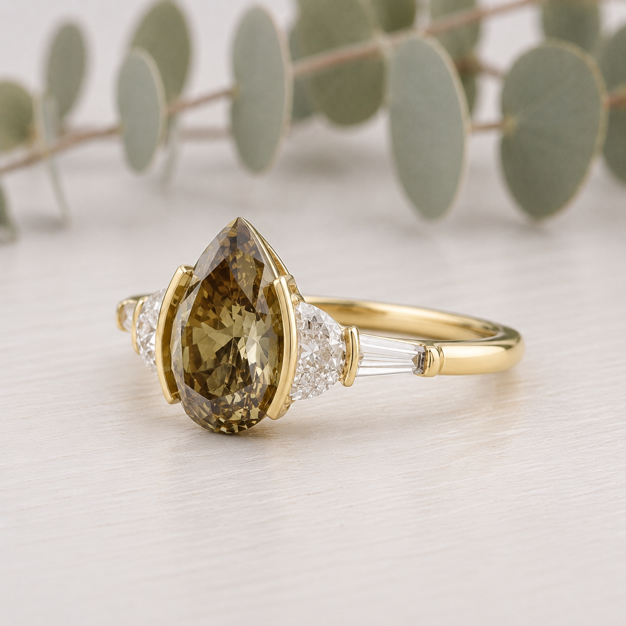 Pear Cut Fancy Color Diamond Ring with Natural Brown Yellow Tones