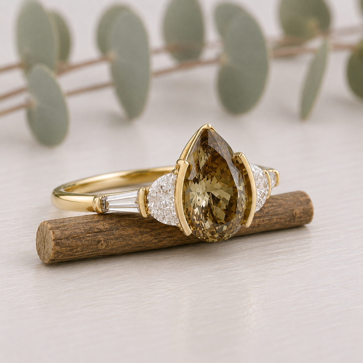 Pear Cut Fancy Color Diamond Ring with Natural Brown Yellow Tones