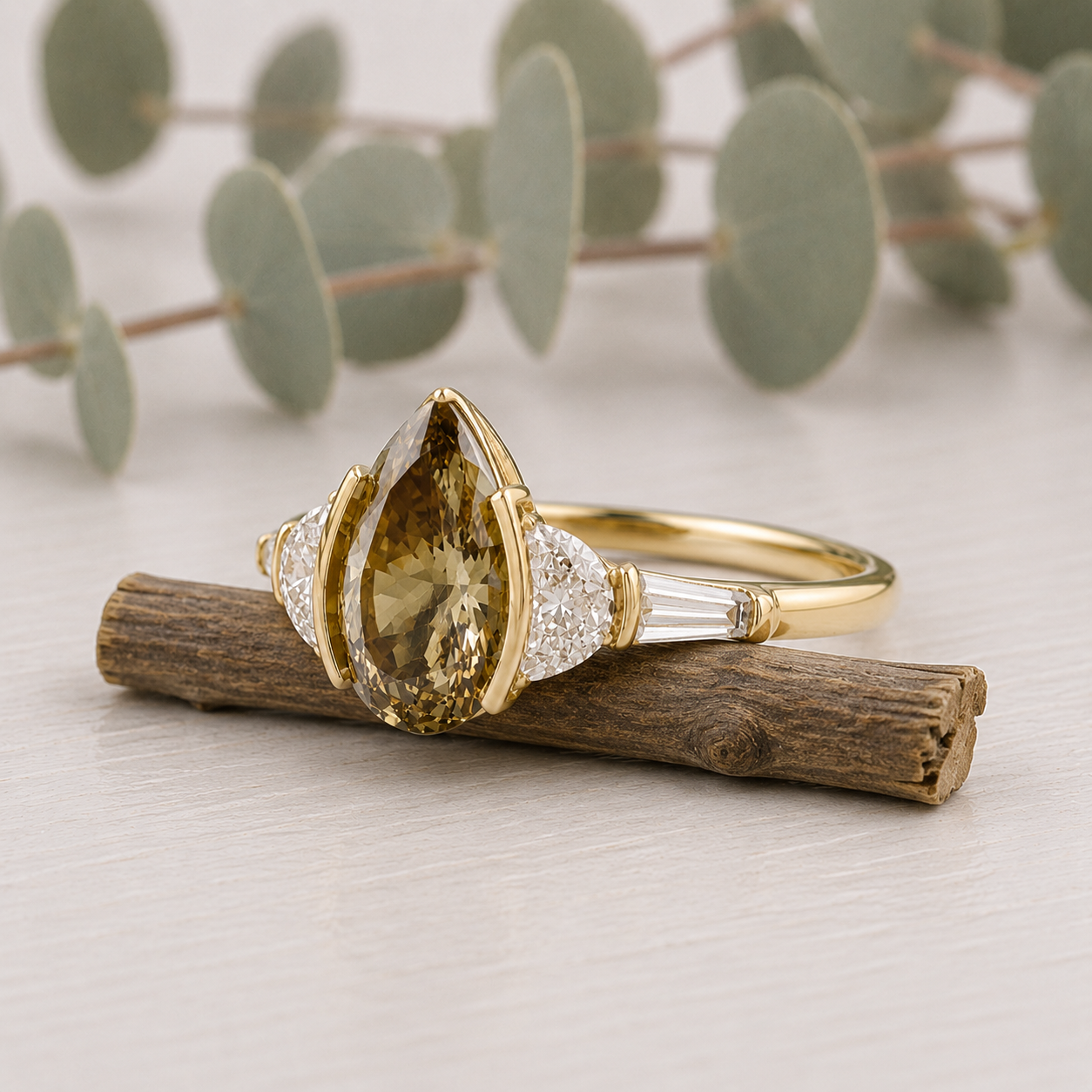 Pear Cut Fancy Color Diamond Ring with Natural Brown Yellow Tones