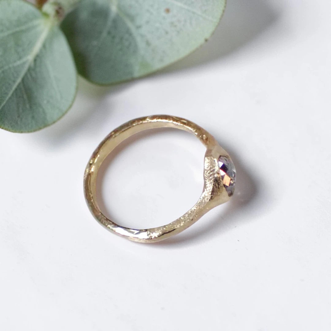 Pear Salt and Pepper Diamond Ring with a Rustic Hand Carved Band