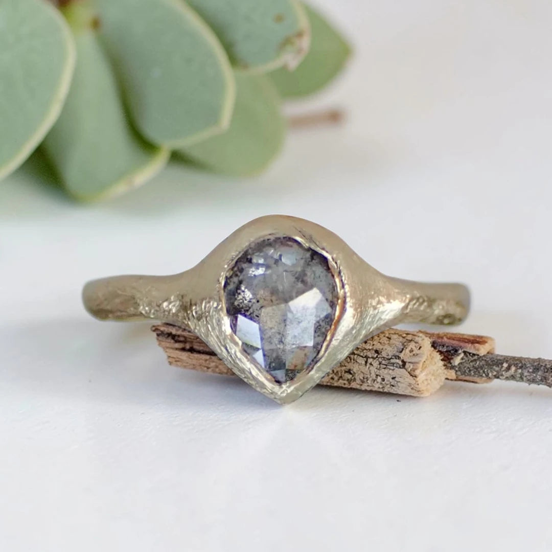 Pear Salt and Pepper Diamond Ring with a Rustic Hand Carved Band