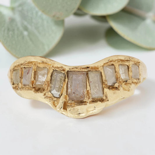 Salt and Pepper Baguette Diamond V Ring in Handmade Gold