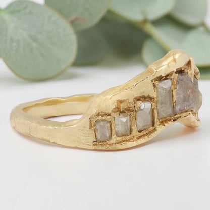 Salt & Pepper Baguette Diamond V Ring – Handmade Gold Medieval-Inspired Jewelry