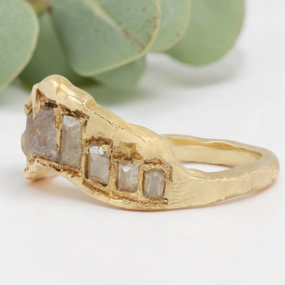 Salt & Pepper Baguette Diamond V Ring – Handmade Gold Medieval-Inspired Jewelry
