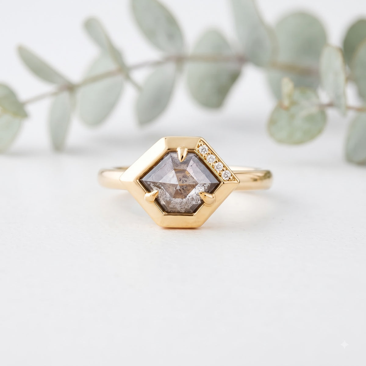 Hexagon Salt and Pepper Diamond Engagement Ring