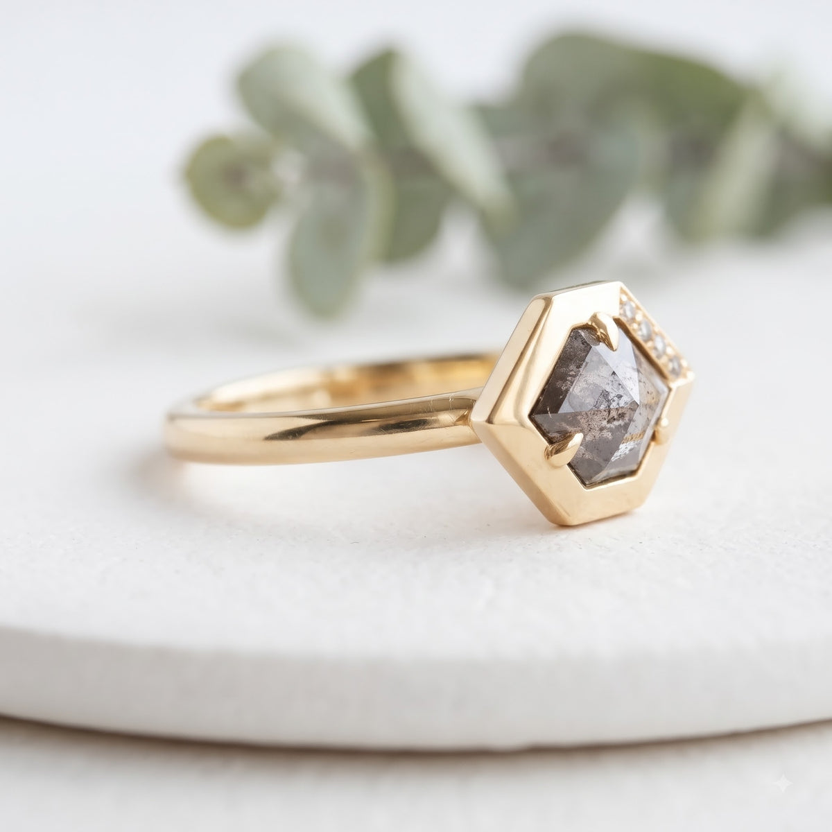 Hexagon Salt and Pepper Diamond Engagement Ring