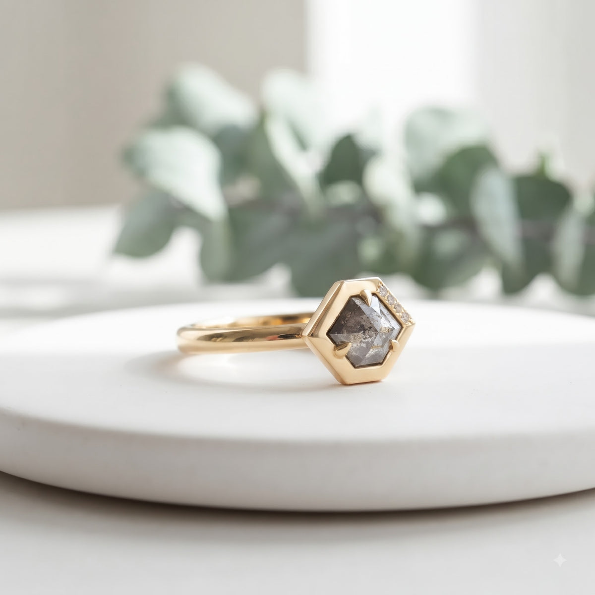 Hexagon Salt and Pepper Diamond Engagement Ring