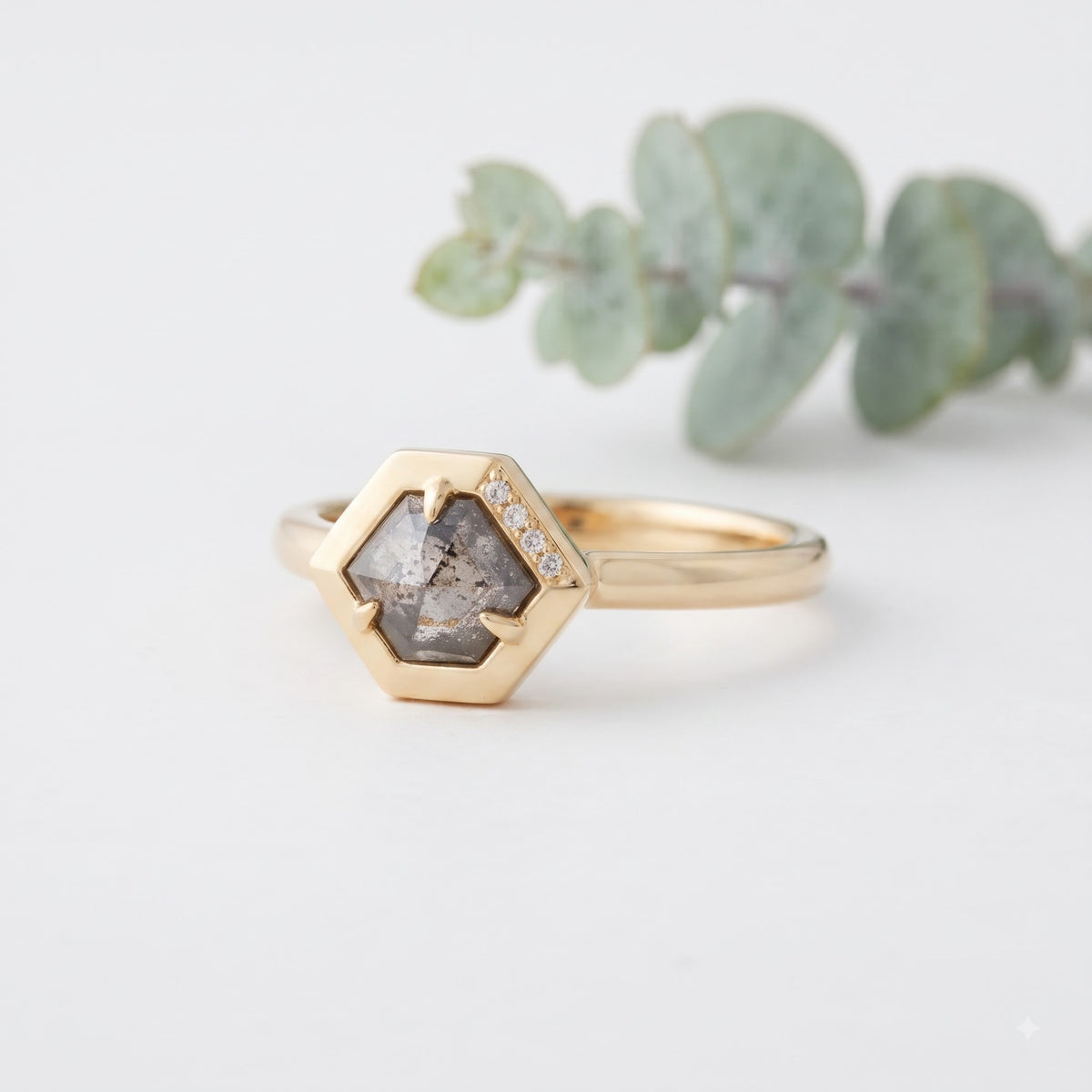Hexagon Salt and Pepper Diamond Engagement Ring