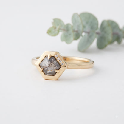 Hexagon Salt and Pepper Diamond Engagement Ring