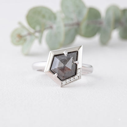Shield Cut Salt and Pepper Diamond Ring with Round Accents