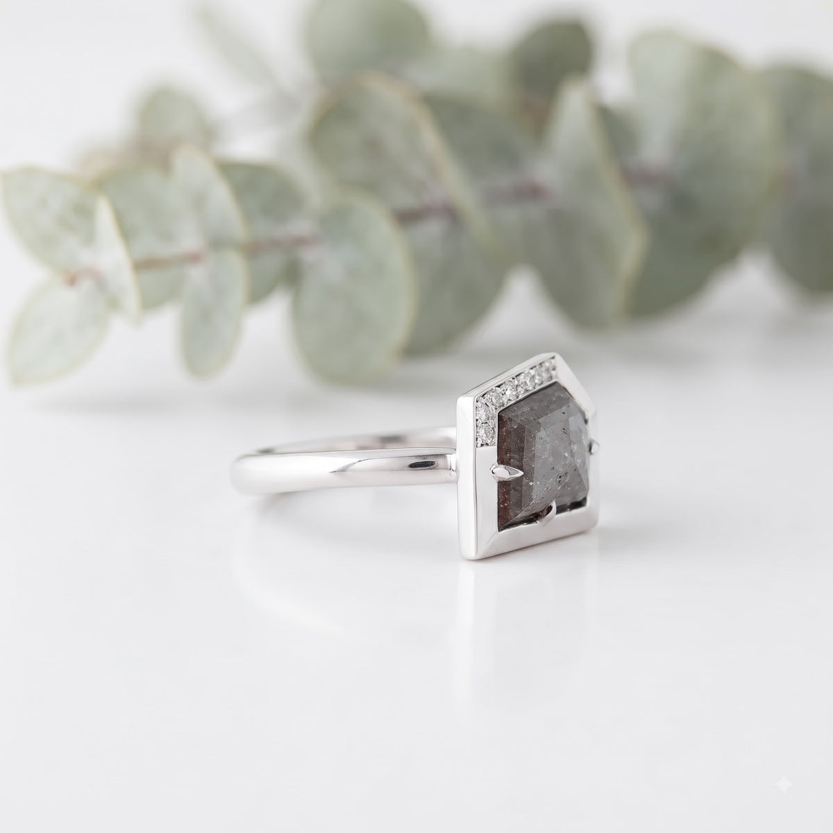 Shield Cut Salt and Pepper Diamond Ring with Round Accents