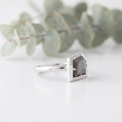 Shield Cut Salt and Pepper Diamond Ring with Round Accents