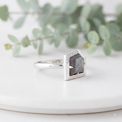 Shield Cut Salt and Pepper Diamond Ring with Round Accents