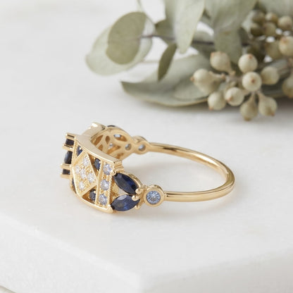 Blue Sapphire Art Deco Ring With Marquise Sapphires and Diamond Accents