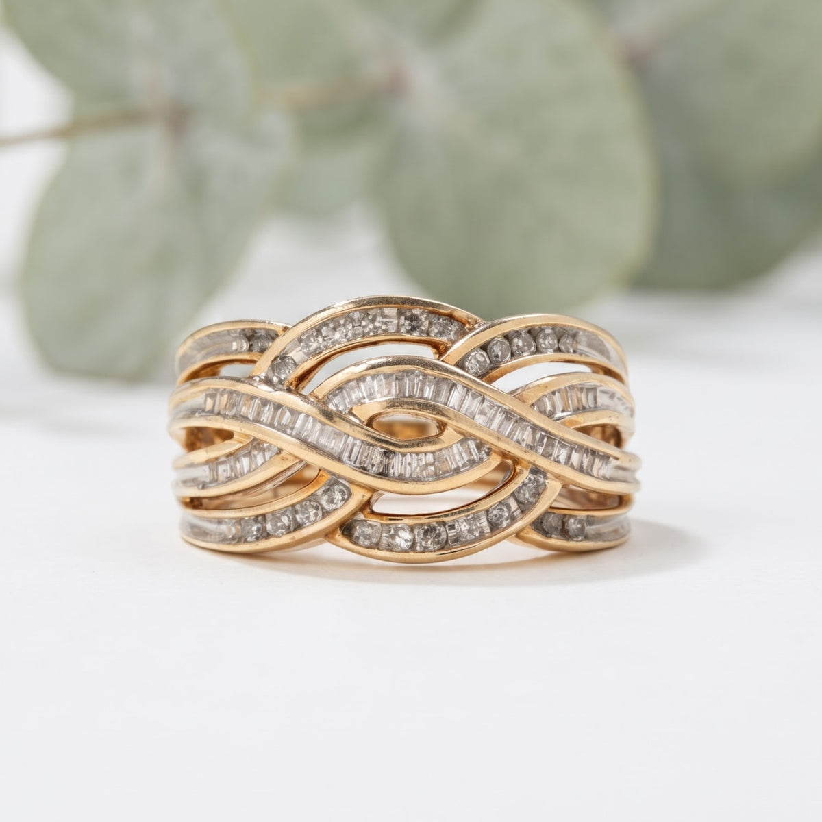 Salt and Pepper Round Baguette Crossover Cocktail Ring