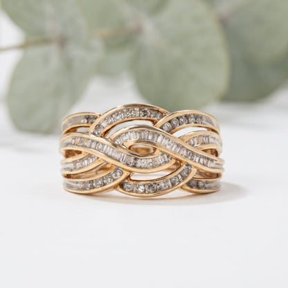 Salt and Pepper Round Baguette Crossover Cocktail Ring