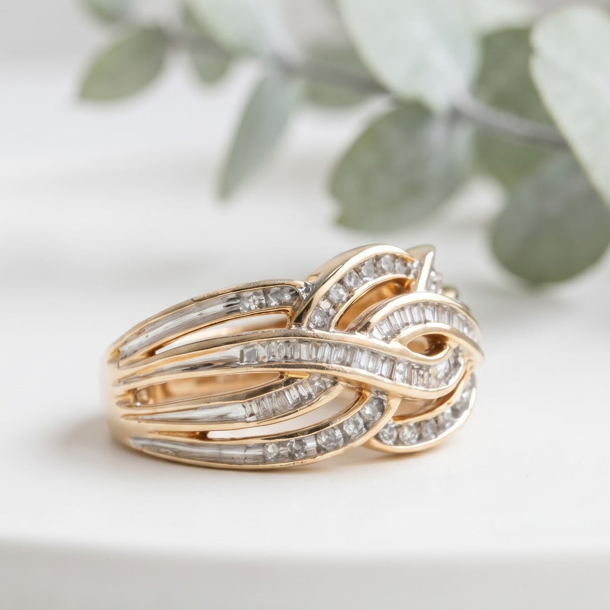 Salt and Pepper Round Baguette Crossover Cocktail Ring