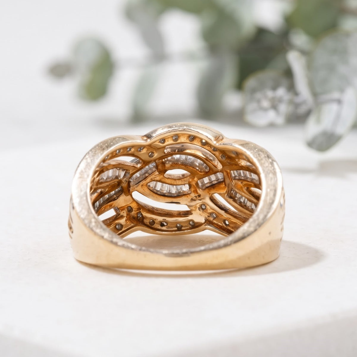 Salt and Pepper Round Baguette Crossover Cocktail Ring
