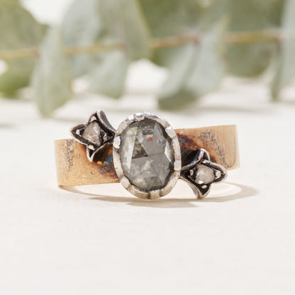 Old Antique Rose Oval Salt and Pepper Diamond Ring