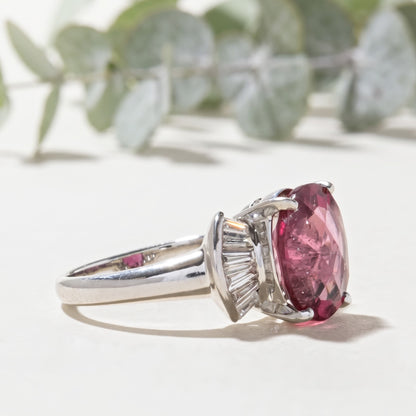 Pink Tourmaline Ring with Baguette Diamond Accents