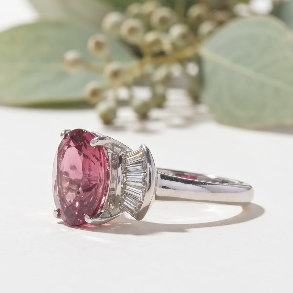 Pink Tourmaline Ring with Baguette Diamond Accents
