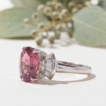 Pink Tourmaline Ring with Baguette Diamond Accents